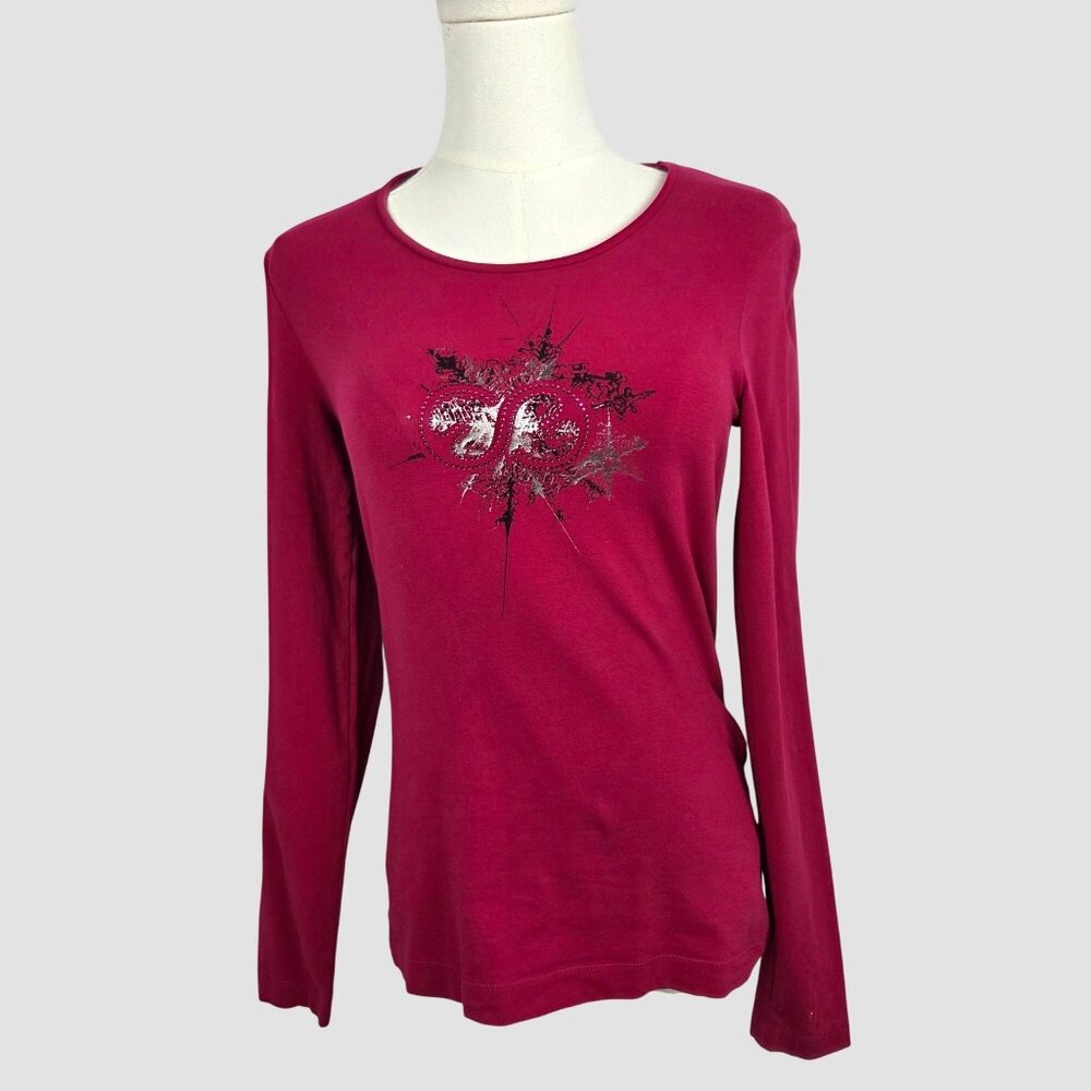 Escada Sport Top Size S Long Sleeve Pink Rhinestone Graphic Logo Print‎ Luxury